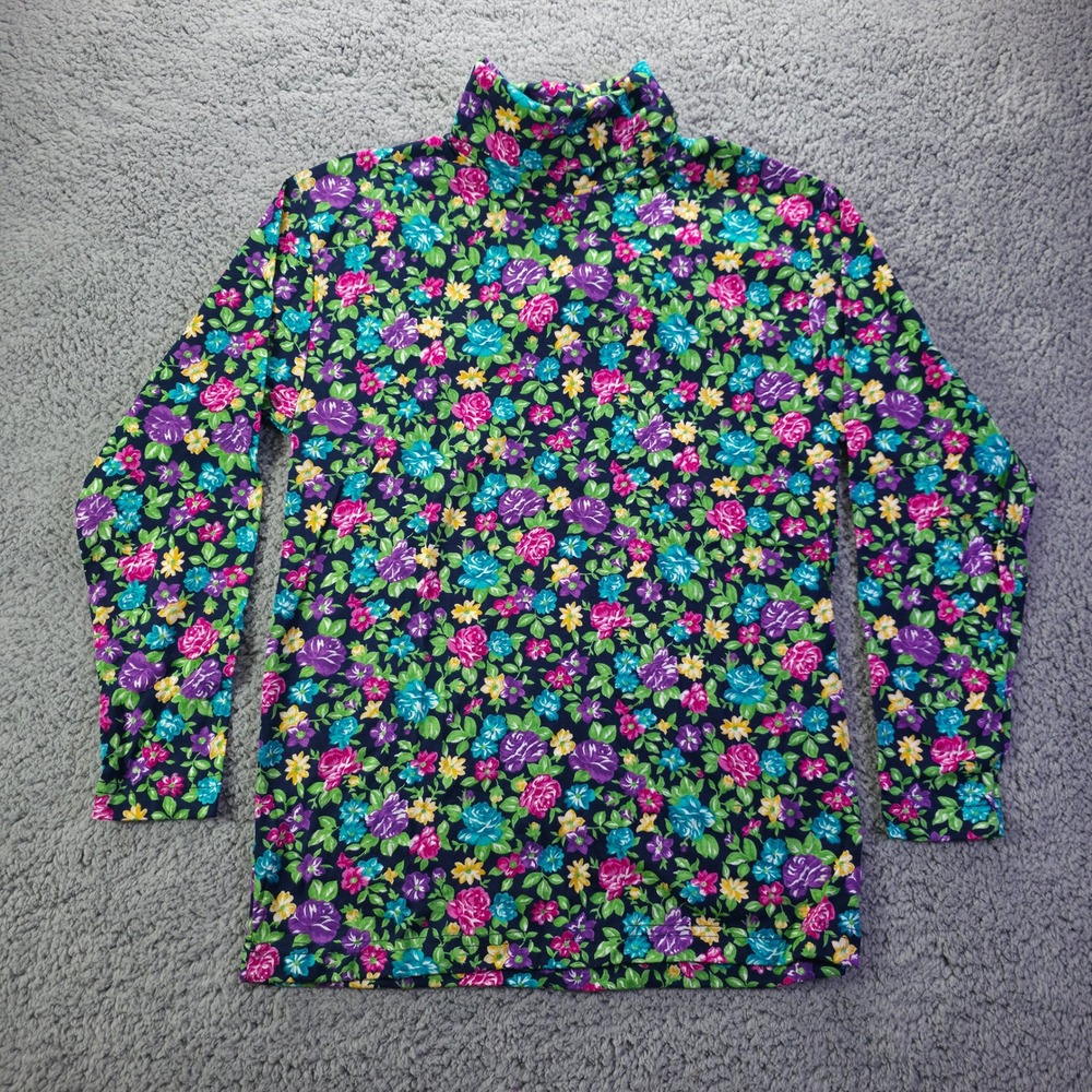 Hunt Club Womens Small Floral Turtleneck Long Sleeve Cotton Top Navy Pink Multi